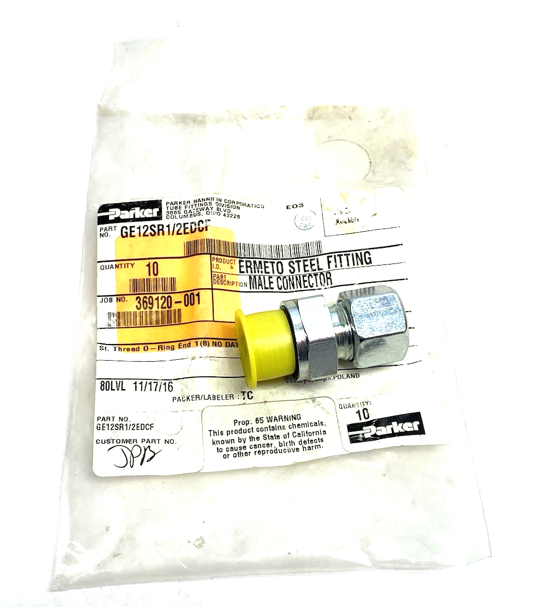 Parker GE12SR1/2EDCF Ermeto DIN Male Stud Adapter Tube Fitting - Maverick Industrial Sales