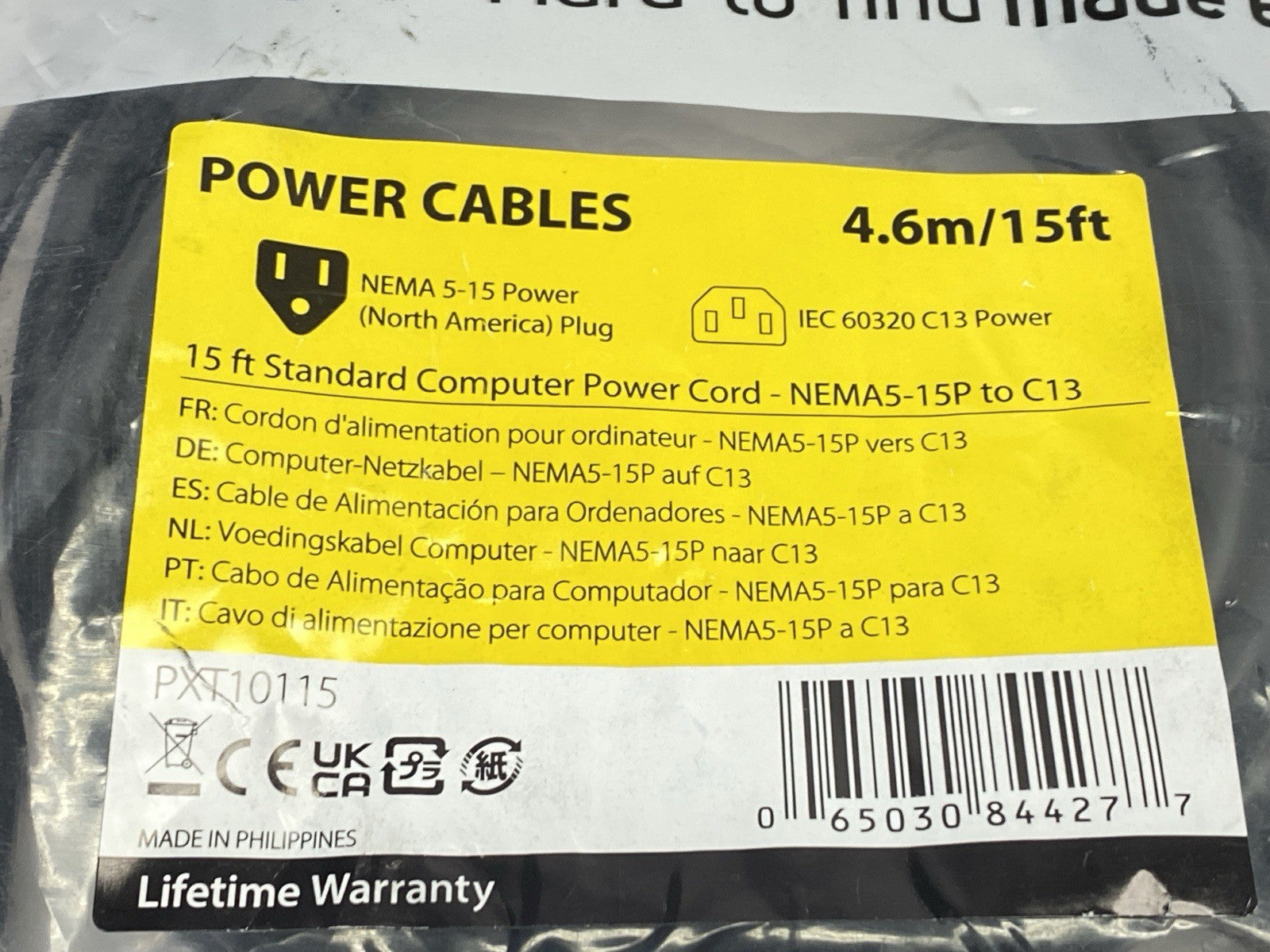 PXT10115 | StarTech 15ft Standard Computer Power Cord NEMA5-15P To C13 - New - Maverick Industrial Sales