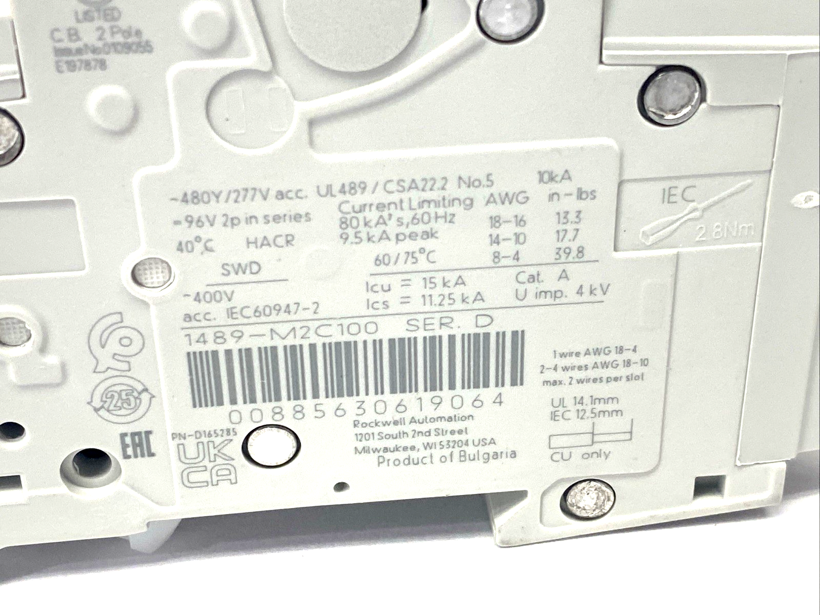 Allen Bradley 1489-M2C100 Ser. D Miniature Circuit Breaker 2P 10A Trip C - Maverick Industrial Sales