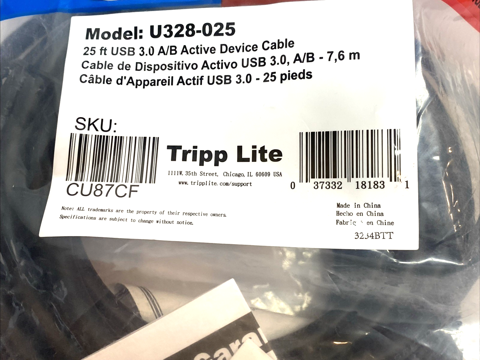U328-025 | Tripp Lite USB 3.0 SuperSpeed Active Repeater 25ft Cable A/B - New – Open box - Maverick Industrial Sales