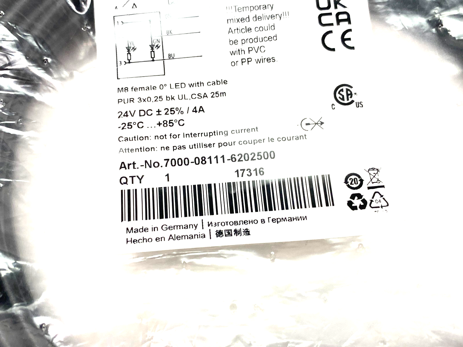 Murrelektronik 7000-08111-6202500 Single Ended M8 Female 0° A-cod. LED Cordset - Maverick Industrial Sales
