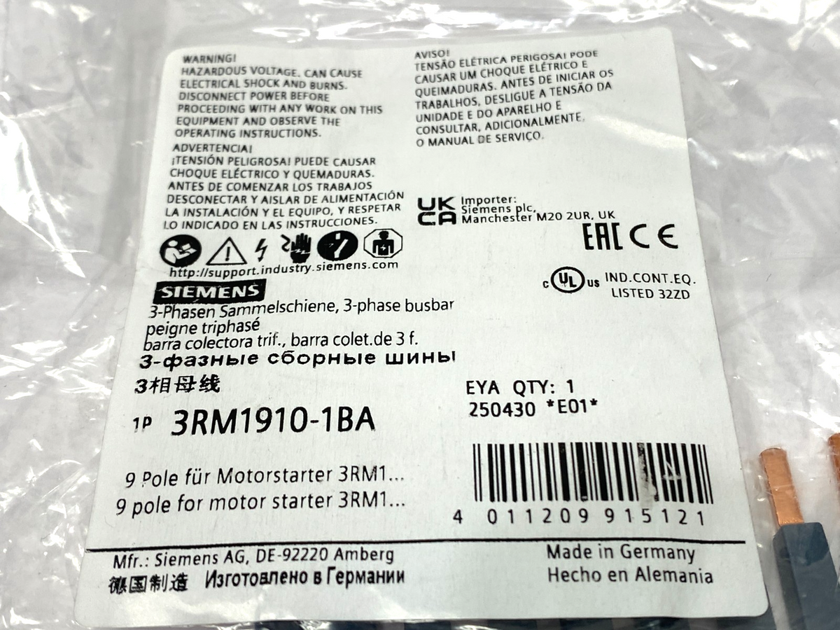 Siemens 3RM1910-1BA Busbar 3-Phase, 9-Pole for 3 Motor Starters - Maverick Industrial Sales
