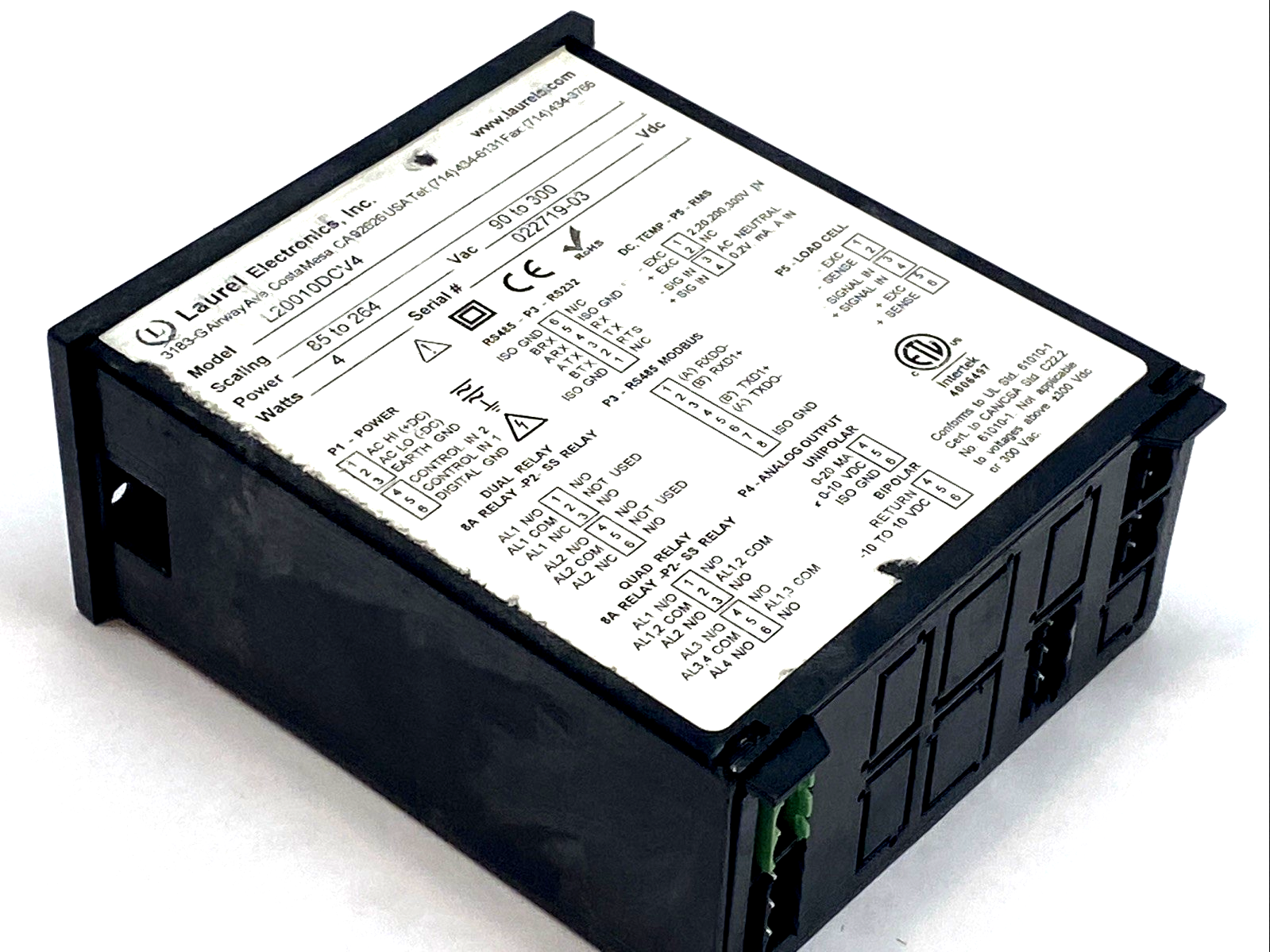 L20010DCV4 | Laurel DC Voltage Current Panel Meter 1/8 Din Red LED 85–264VAC - Used - Maverick Industrial Sales