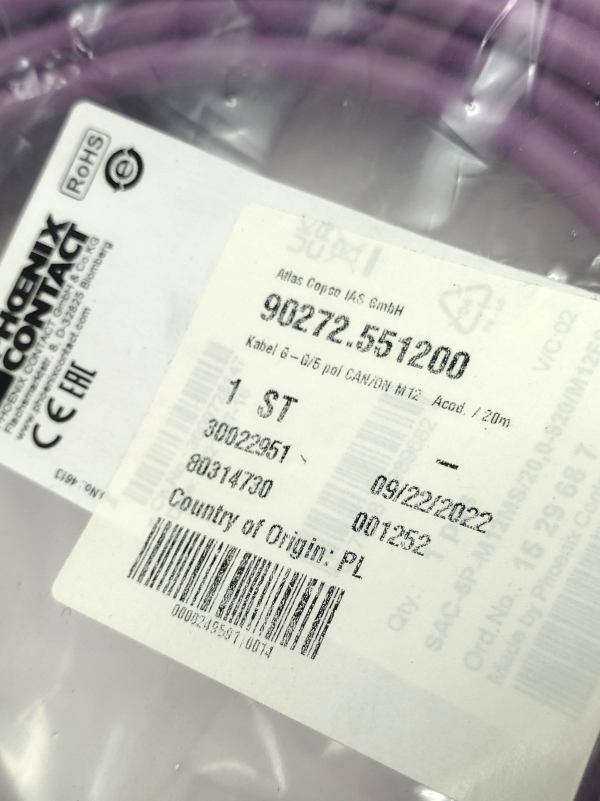 Atlas Copco 90272.551200 Kabel Phoenix Contact SAC-5P-M12MS/20,0-920/M12FS - Maverick Industrial Sales