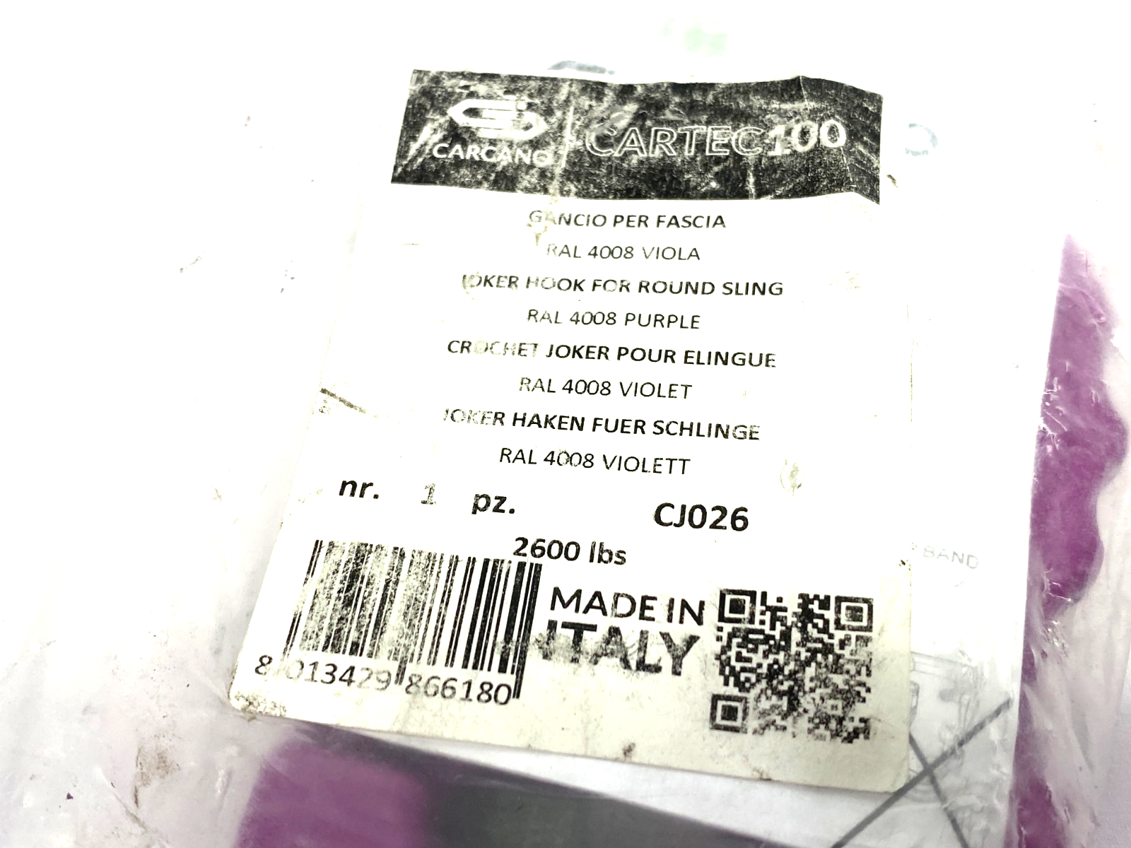 Carcano CJ026 Cartec100 Synthetic Joker Sling Hook Purple WLL 2,600 lbs - Maverick Industrial Sales