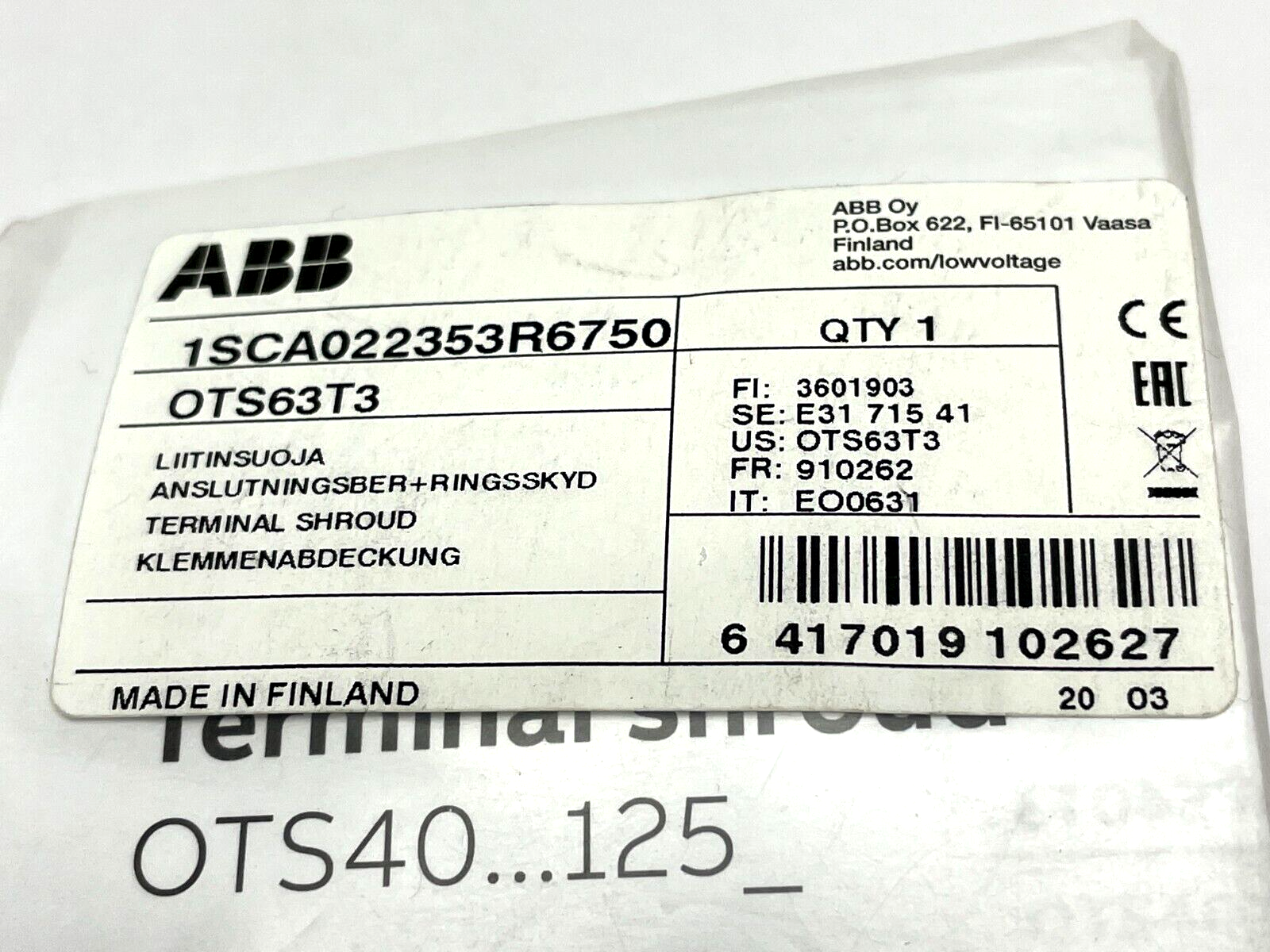 OTS63T3 | ABB Terminal Shroud 1SCA022353R6750 - New - Maverick Industrial Sales