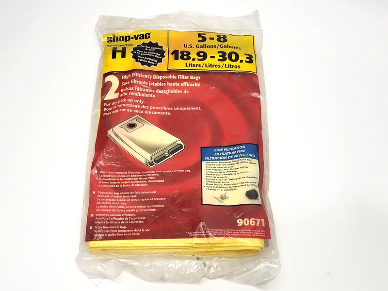 Shop Vac 2 High Efficiency Disposable Filter Bags Type H 5-8 Gallons - Maverick Industrial Sales