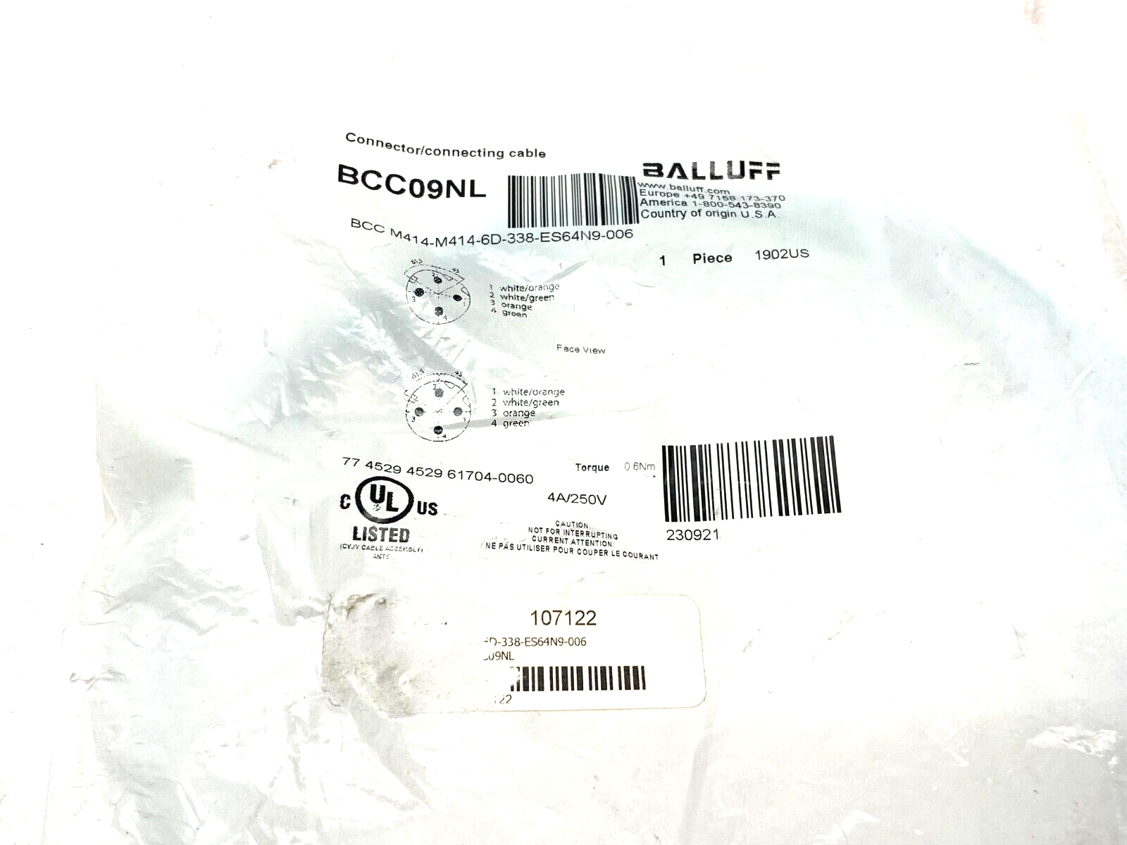 Balluff BCC09NL Double Ended Cordset M12 Male BCC M414-M414-6D-338-ES64N9-006 - Maverick Industrial Sales