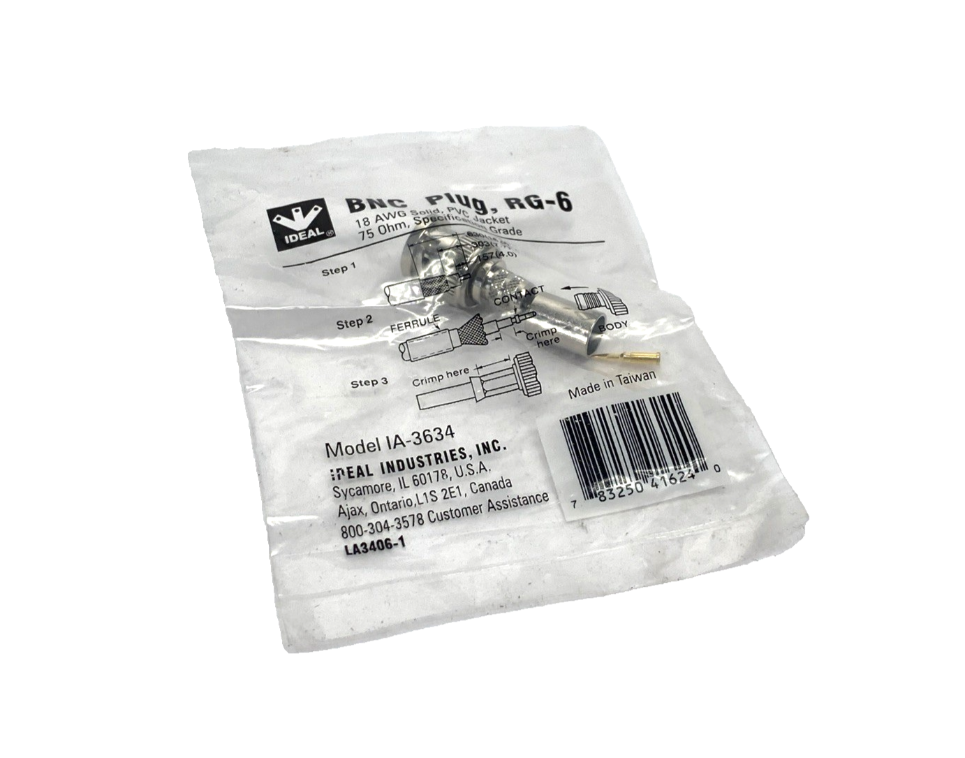Ideal IA-3634 BNC Plug, Coaxial Wireable Plug 18 AWG 75 Ohm, RG-6 LOT OF 3 - Maverick Industrial Sales