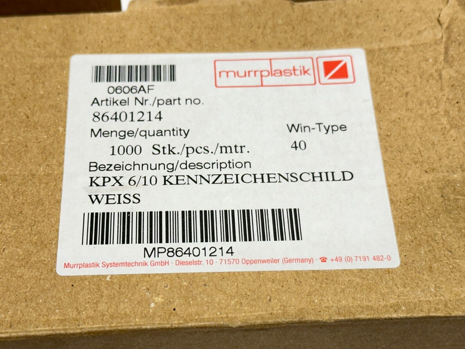 Murrplastik 86401214 Labeling Type KPX 6/10 WIN-Type 40 LOT OF 768 - Maverick Industrial Sales