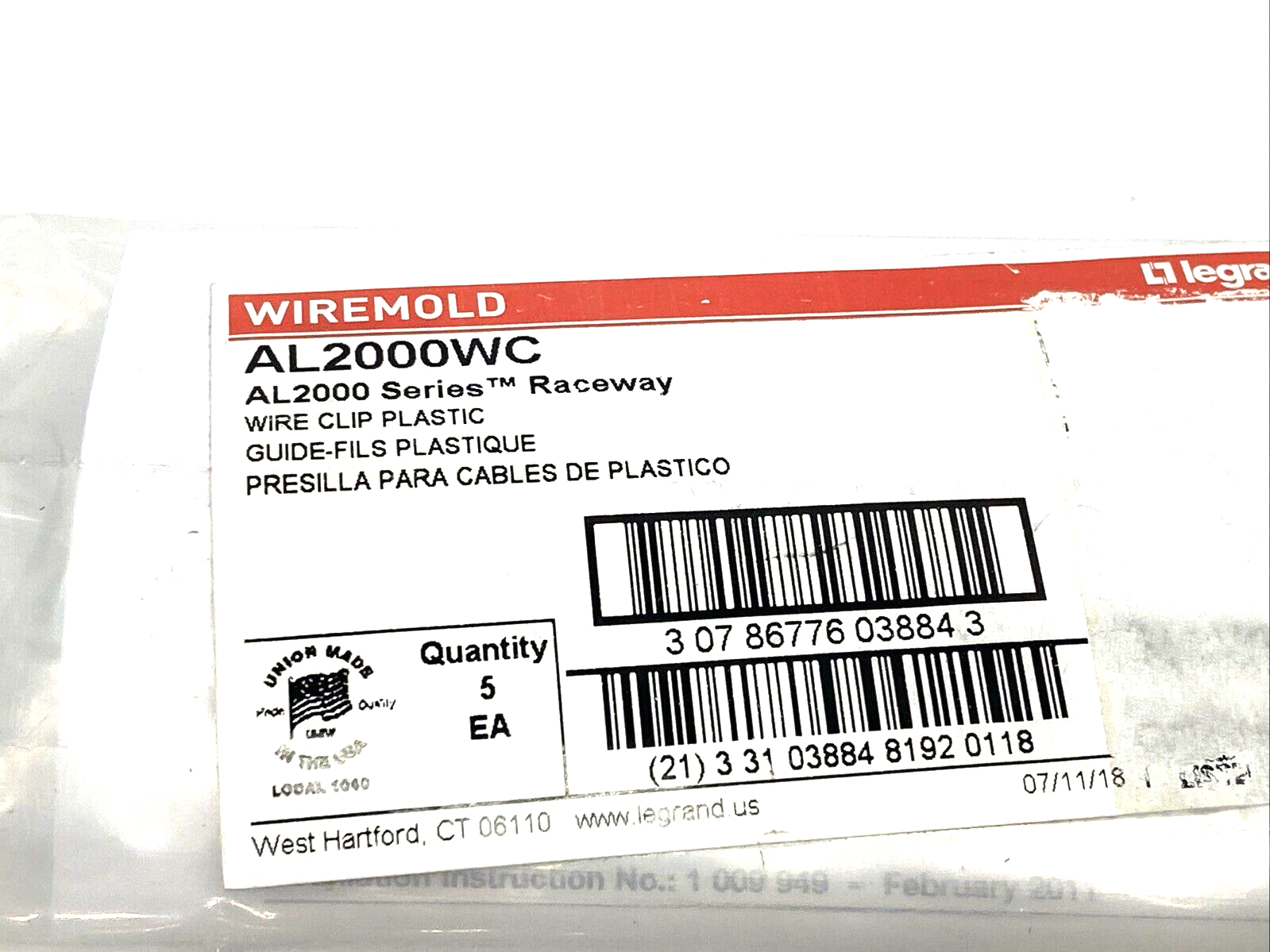 Legrand AL2000WC Wiremold Plastic Wire Retaining Clip, PACK OF 5 - Maverick Industrial Sales