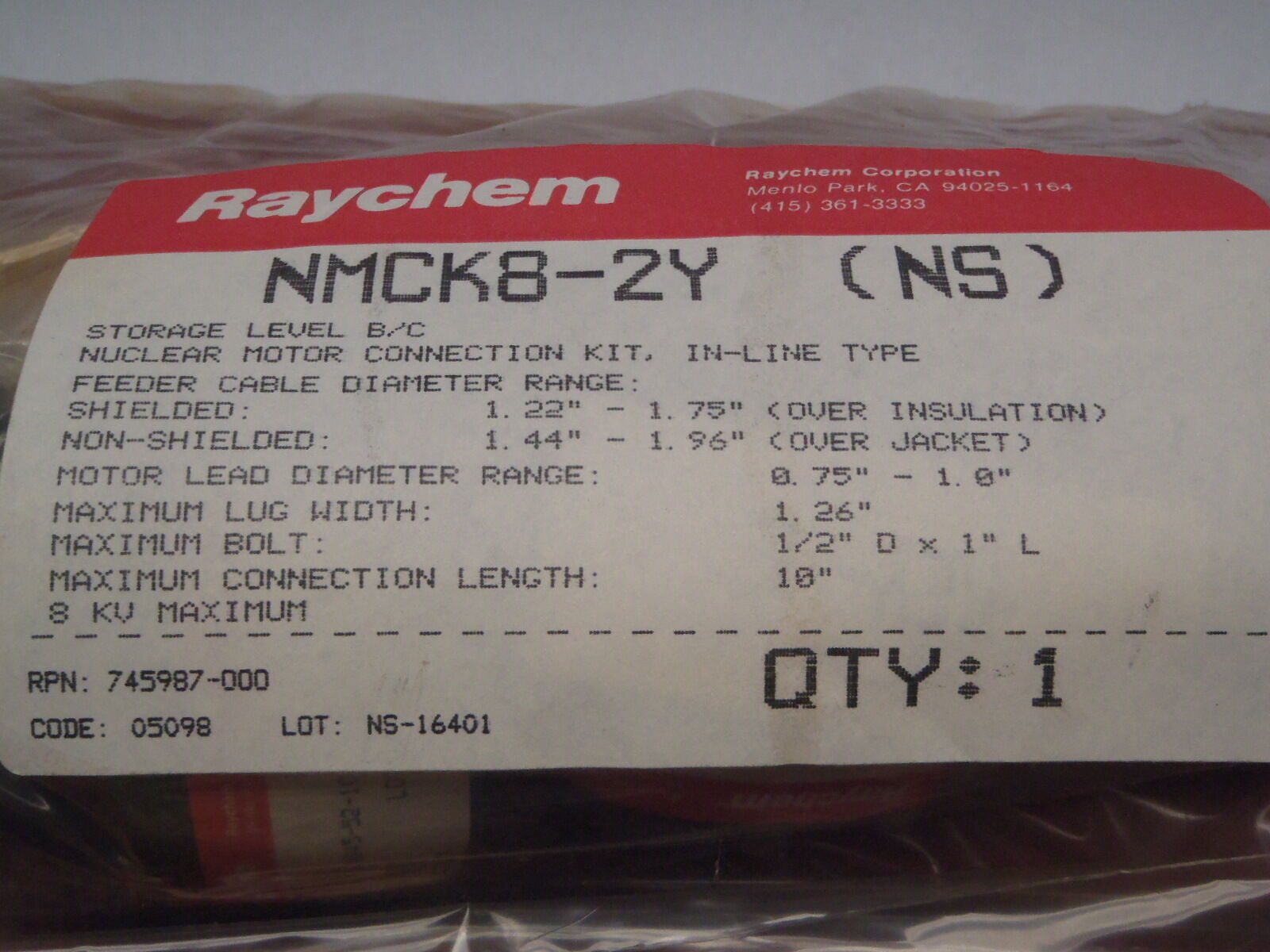 RAYCHEM NMCK8-2Y NS Nuclear Motor Connector Kit IN-LINE TYPE - Maverick Industrial Sales