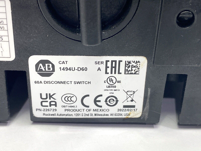 Allen Bradley 1494U-D60 Disconnect Switch Ser. A 60A - Maverick Industrial Sales