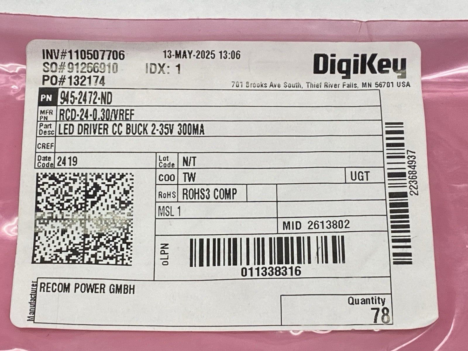 Recom Power RCD-24-0.30/VREF LED Driver CC BUCK 2-35V 700MA LOT OF 78 - Maverick Industrial Sales