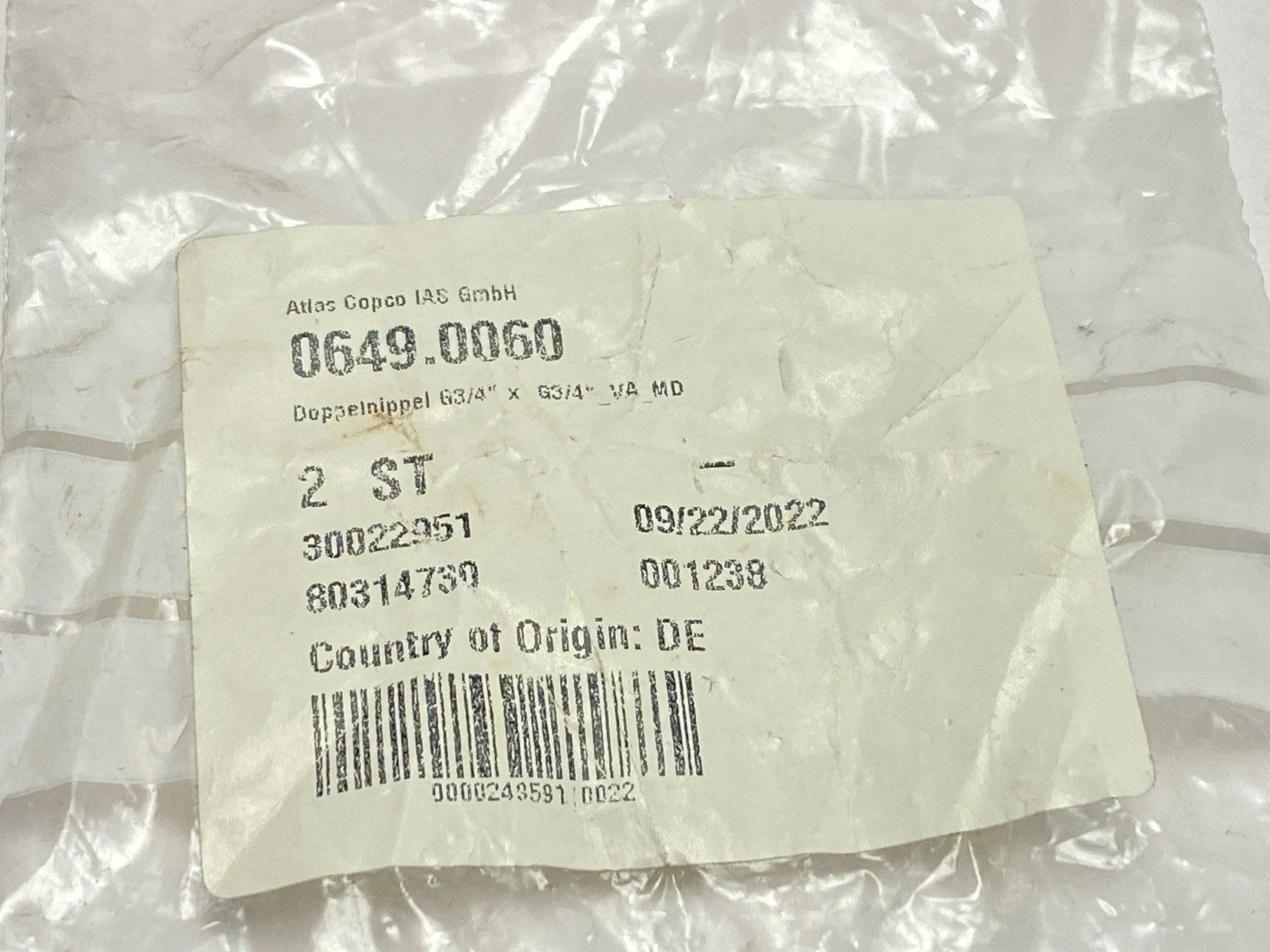 Atlas Copco 0649.0060 Double Nipple 3/4" x 3/4" NPT LOT OF 2 - Maverick Industrial Sales