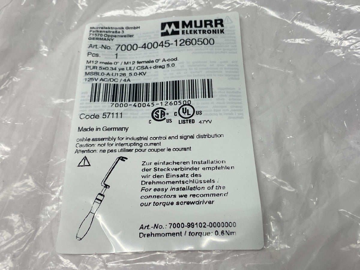 7000-40045-1260500 | Murrelektronik Double Ended Connector Cordset M12 M/F 5m - New – Open box - Maverick Industrial Sales