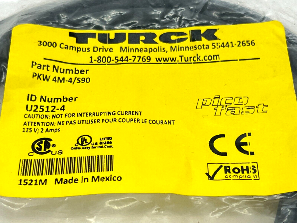 PKW 4M-4/S90 | Turck Picofast Cordset M8 Female 4M Length U2512-4 - New - Maverick Industrial Sales