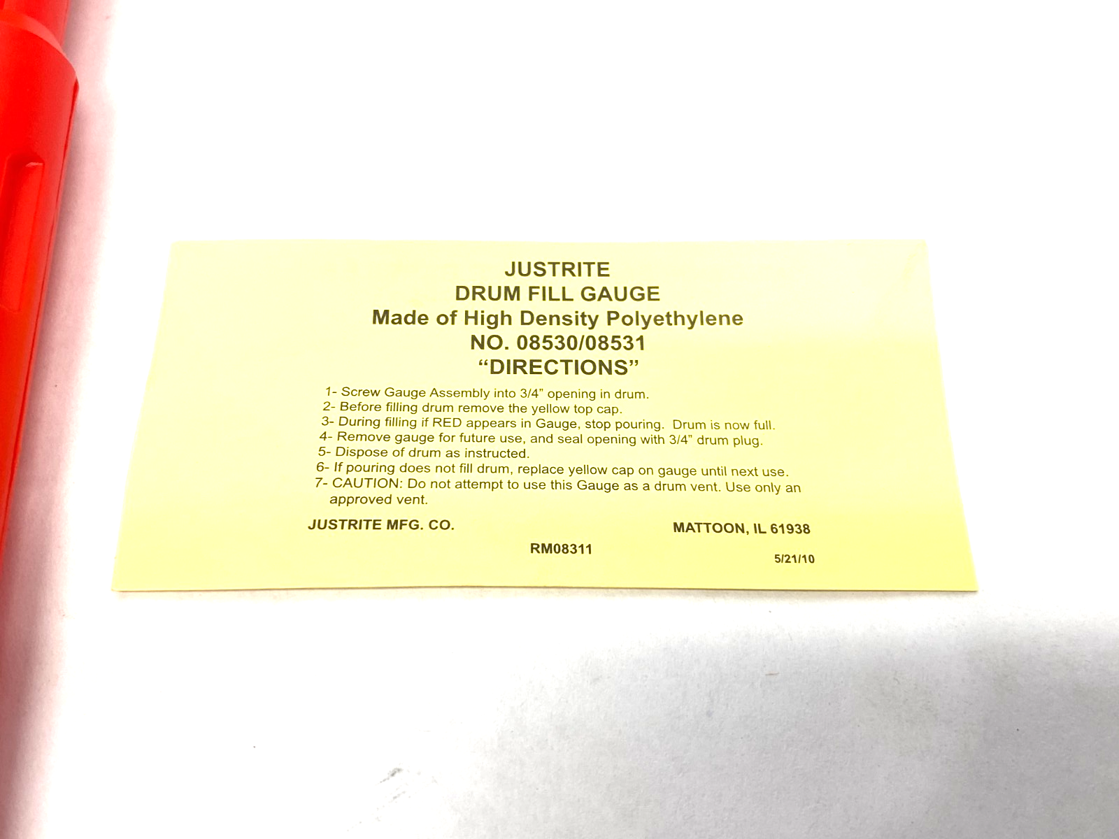 08531 | Justrite Vertical Drum Fill Pop Up Gage 3/4" Diameter, 11" Length - New - Maverick Industrial Sales