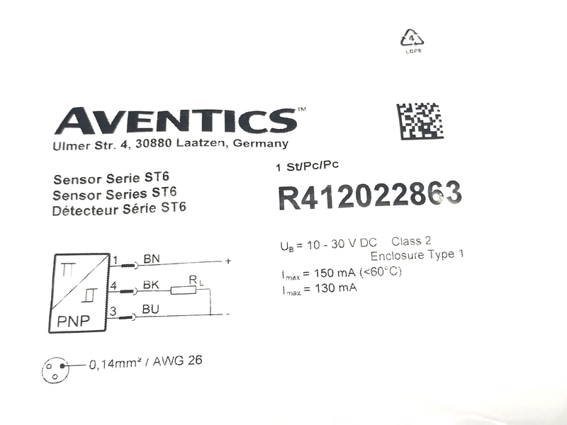 Aventics R412022863 Series ST6 6mm T-Slot Sensor M12 3-Pin 0.3m ST6-PN-M12R-030 - Maverick Industrial Sales