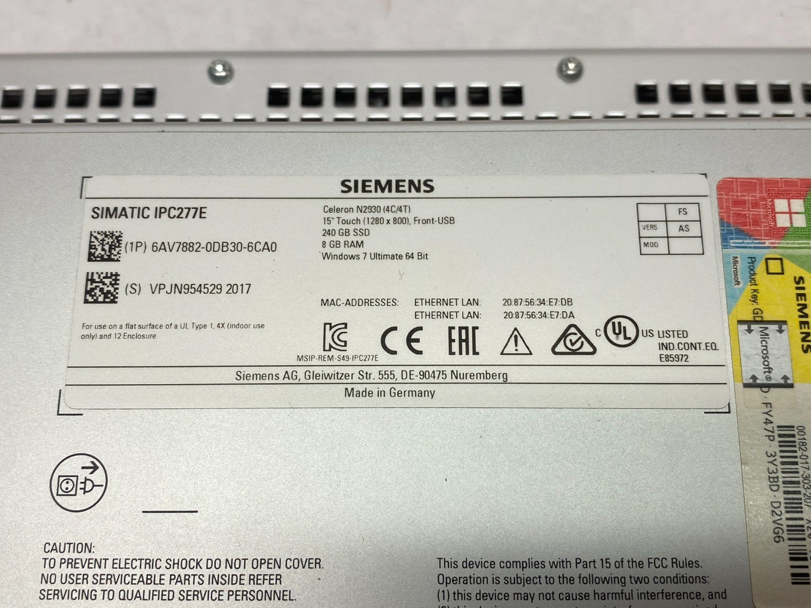 Siemens 6AV7882-0DB30-6CA0 SIMATIC IPC277E Nanopanel 15" Touchscreen Celeron - Maverick Industrial Sales