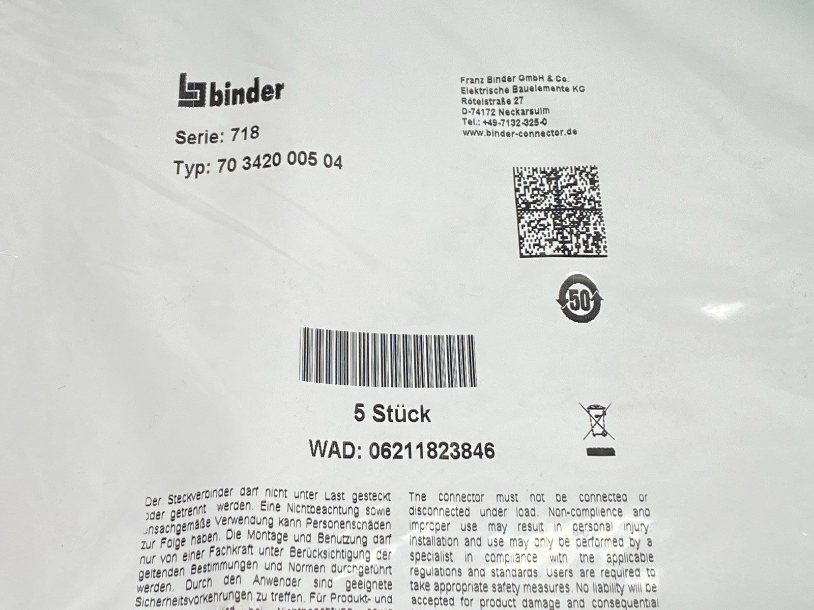 70 3420 005 04 | Binder Female M8 Panel Mount Connector 0.5m PKG OF 5 - New - Maverick Industrial Sales
