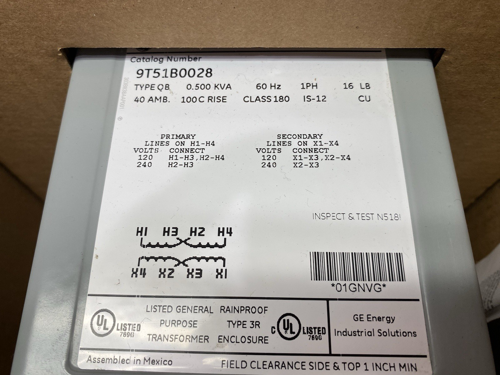 9T51B0028 | ABB General Electric Transformer 1-Phase 1C,0.5kVA,120x240-120/240 - New – Open box - Maverick Industrial Sales