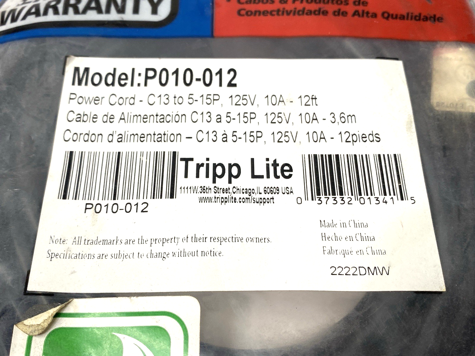 Tripp Lite P010-012 Desktop Computer Power Cable 5-15P to C13 125V 12ft - Maverick Industrial Sales