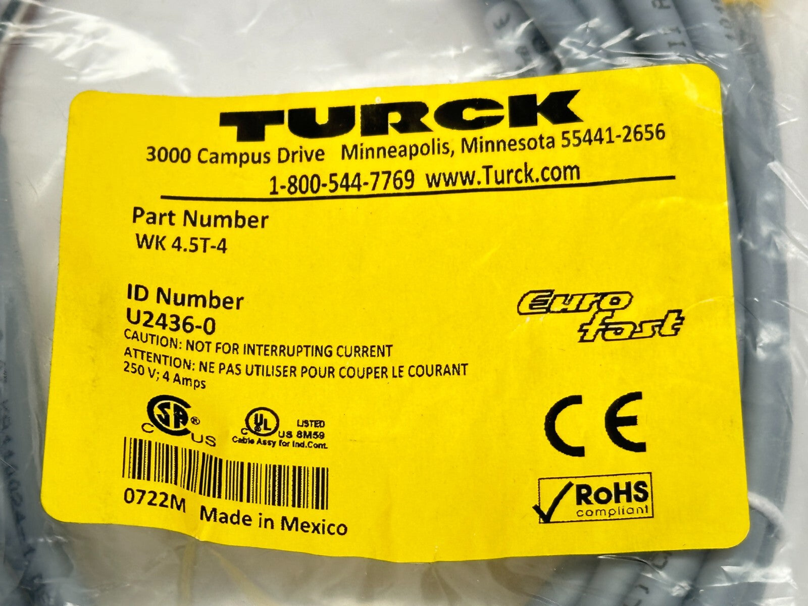 Turck WK 4.5T-4 Euro Fast Cordset F M125-Pin - Flying Leads 4m U2436-0 - Maverick Industrial Sales