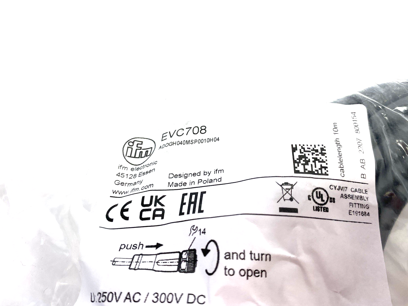 EVC708 | Ifm Single Ended Female Cordset 10m M12 ADOGH040MSP0010H04 - New - Maverick Industrial Sales