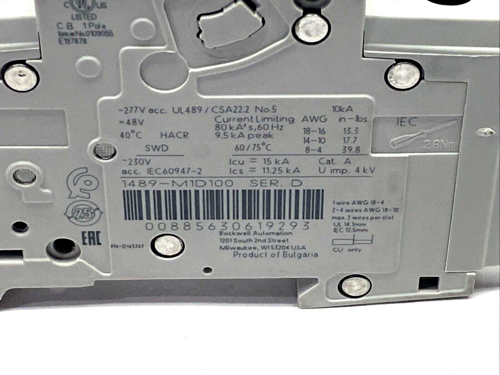 Allen Bradley 1489-M1D100 Ser. D Miniature Circuit Breaker 10A 1P - Maverick Industrial Sales