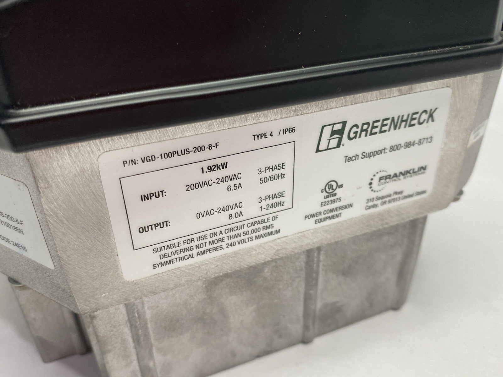 VGD-100PLUS-200-8-F | Greenheck Vari-Green Drive, Franklin, VFD 100Plus 385819 - Used - Maverick Industrial Sales