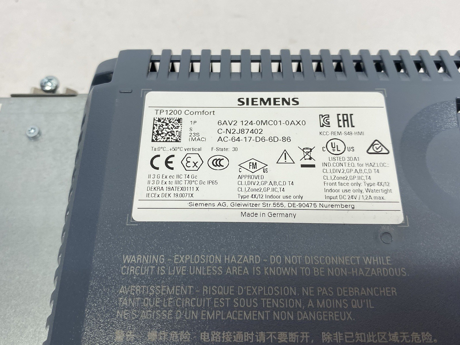 Siemens 6AV2124-0MC01-0AX0 SIMATIC HMI TP1200 Comfort Panel 12", SMALL SCRATCH - Maverick Industrial Sales