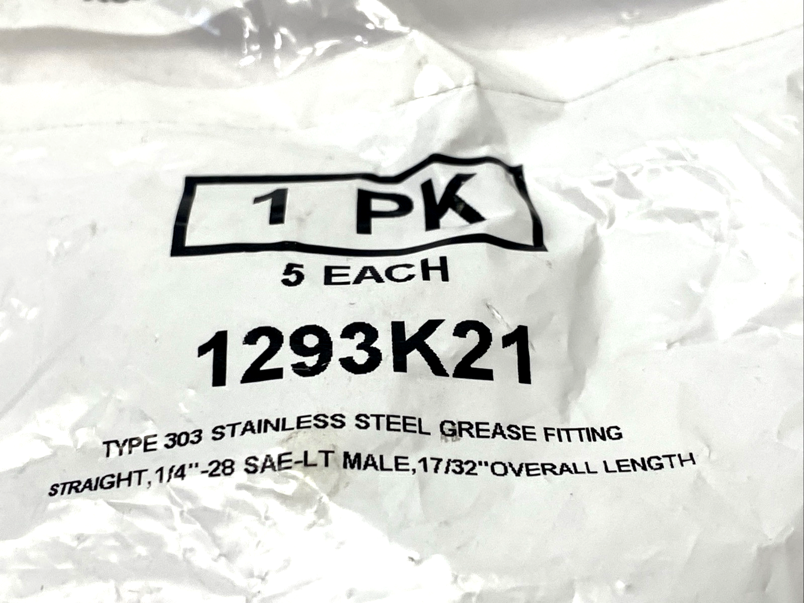 1293K21 Grease Fitting, Striaght, 303 SS, 1/4"-28 SAE-LT Male, 17/32" OAL, 5-PK - Maverick Industrial Sales