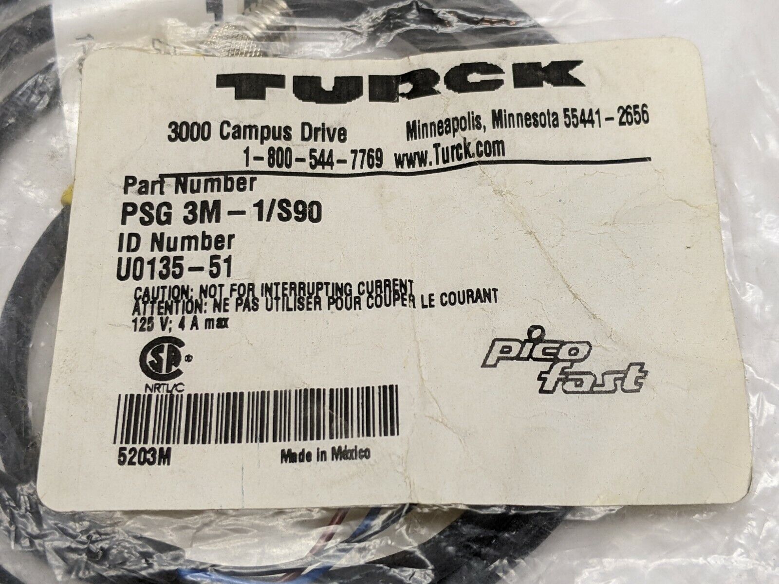 Turck PSG 3M-1/S90 PicoFast Cable Cordset U0135-51 - Maverick Industrial Sales