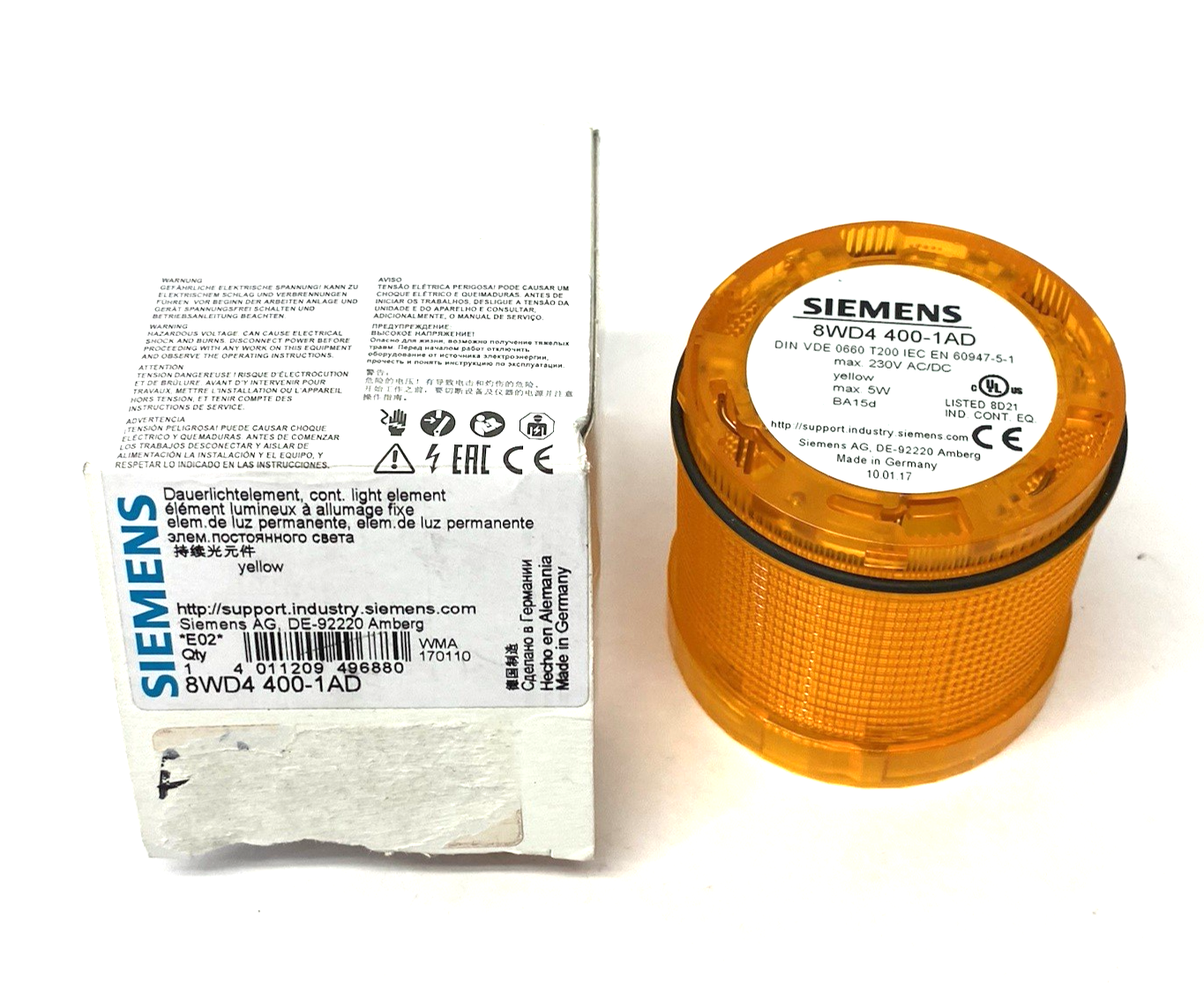 Siemens 8WD4400-1AD Continuous Light Element, 70mm Yellow, 12-230V AC/DC - Maverick Industrial Sales