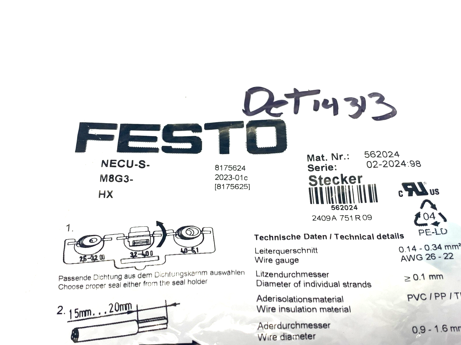 Festo NECU-S-M8G3-HX Field Wireable Connector M8 3-Pin 562024 - Maverick Industrial Sales