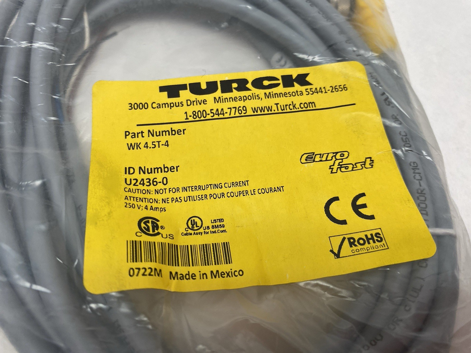 WK 4.5T-4 | Turck Eurofast Single End Rt Angle Cordset U2436-0 - New - Maverick Industrial Sales