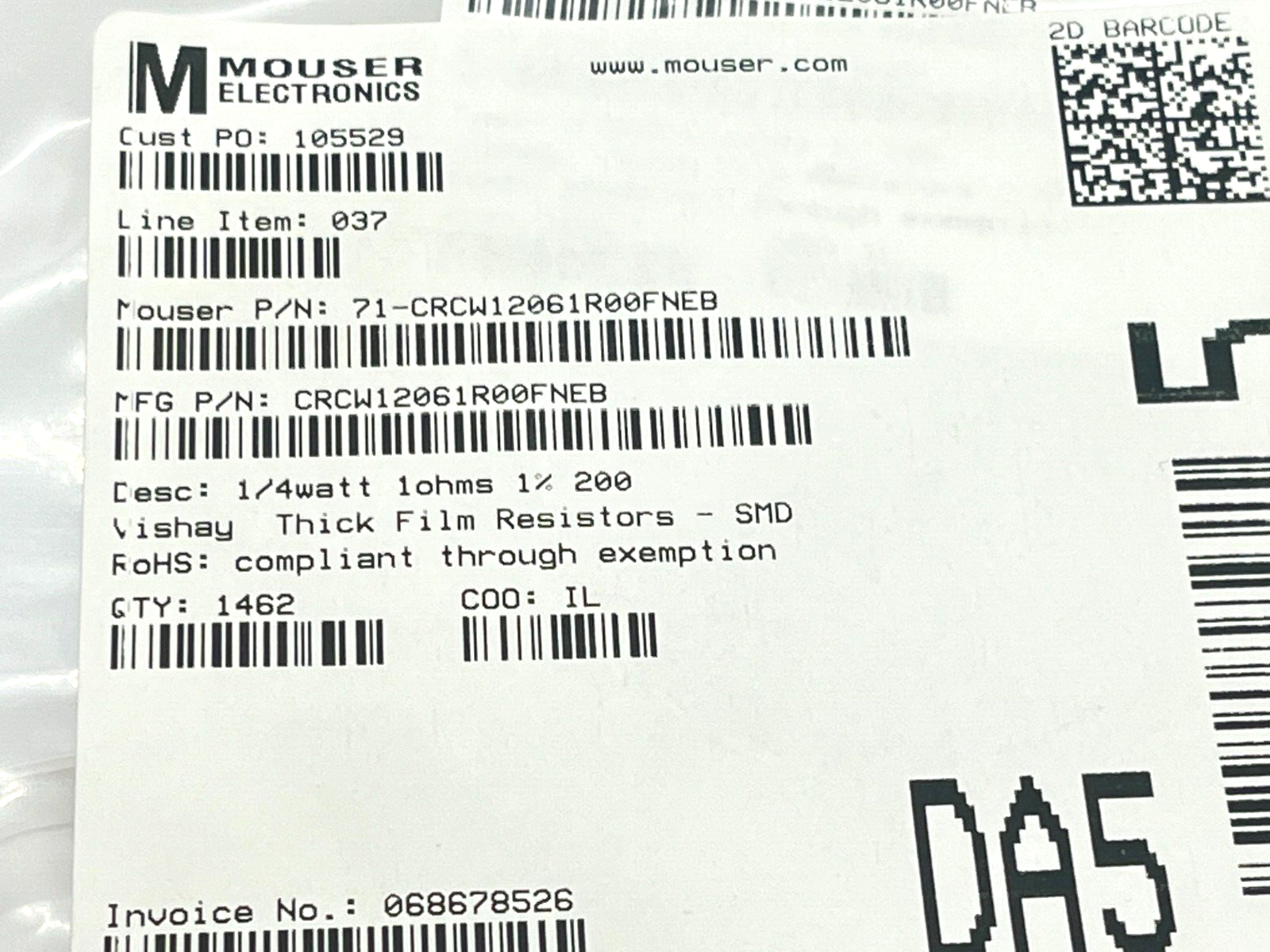 CRCW12061R00FNEB | Vishay Thick Film Resistors SMD 1/4watt 1ohms 1% 200ppm 1462QTY - New - Maverick Industrial Sales