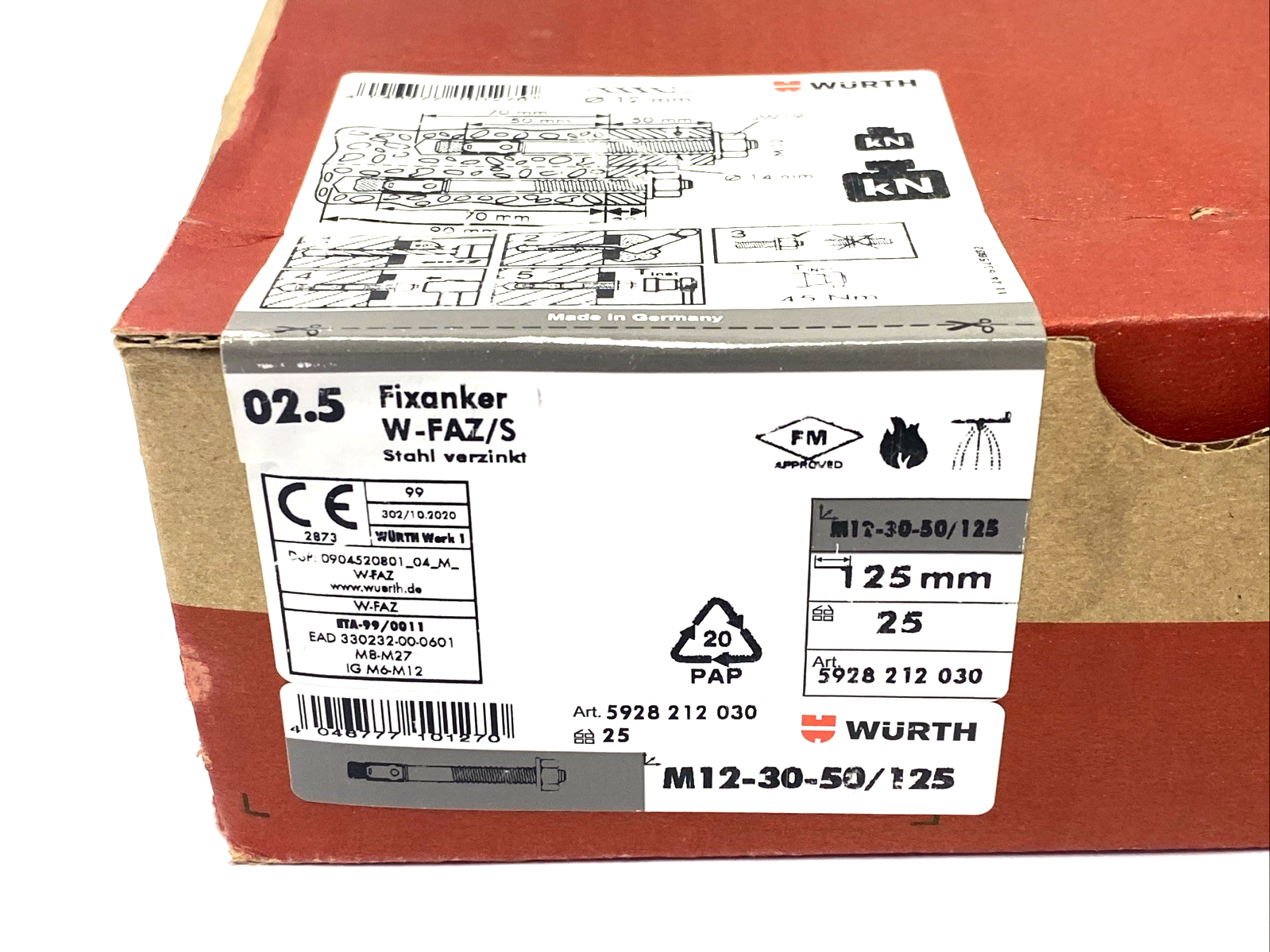 5928 212 030,5928212030 | Wurth 5928212030 Fixanchor W-FAZ/S Steel Concrete Anchor M12-30-50/125 BOX OF 25 - New - Maverick Industrial Sales