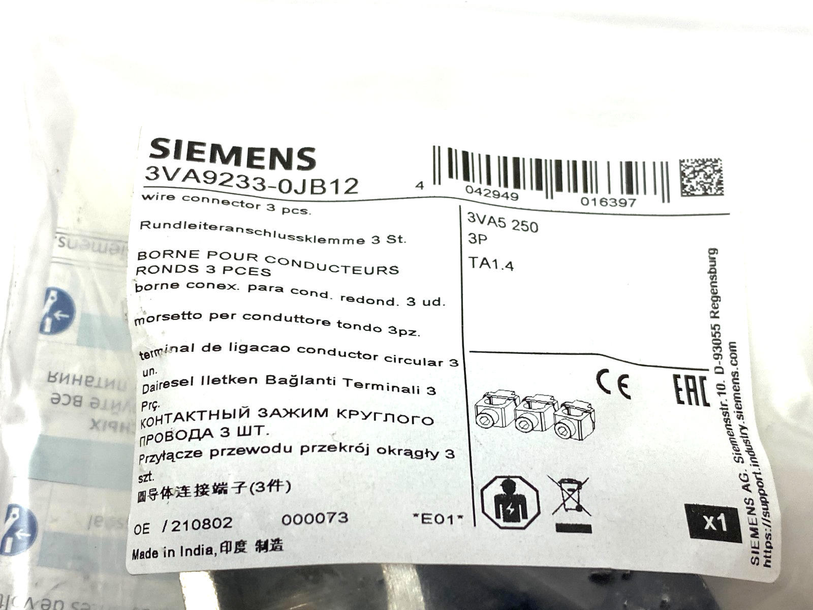 Siemens 3VA9233-0JB12 Terminal Lug Wire Connector Kit 3 PCS - Maverick Industrial Sales