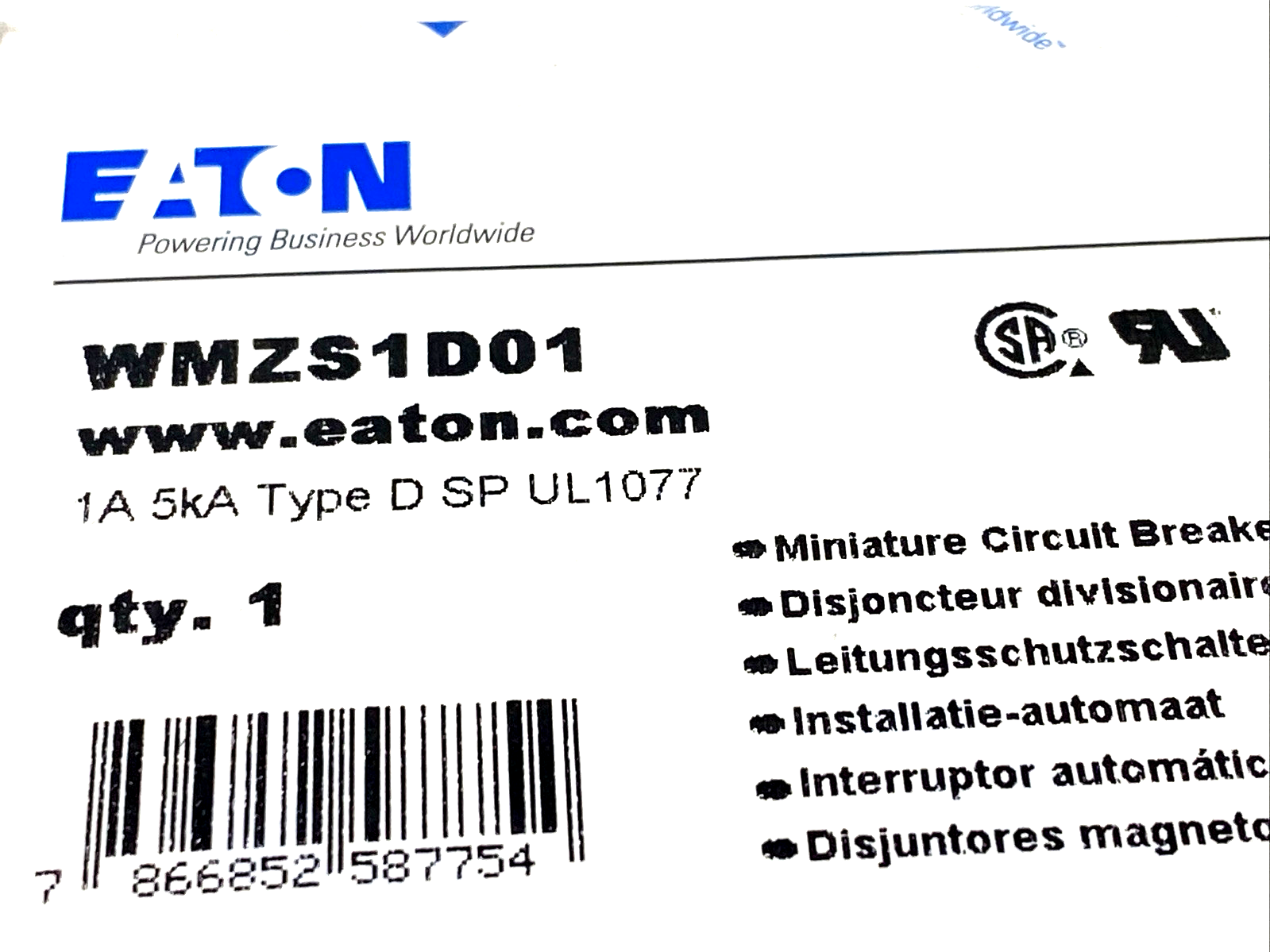 WMZS1D01 | Eaton Supplementary Circuit Breaker 1P 1A D-Curve - New - Maverick Industrial Sales
