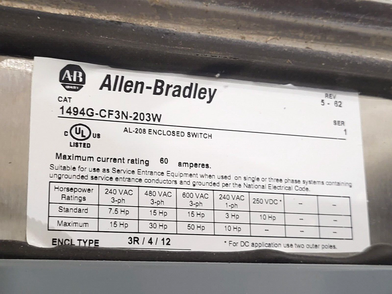 Allen Bradley 1494G-CF3N-203W Enclosed Disconnect Switch Ser. 1 - Maverick Industrial Sales