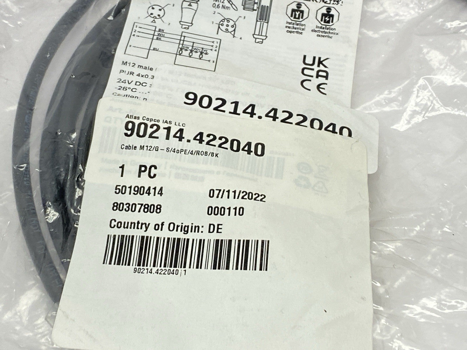 Atlas Copco 90214.422040 Cable M12/G - S/4oPE/4/ROB/BK - Maverick Industrial Sales