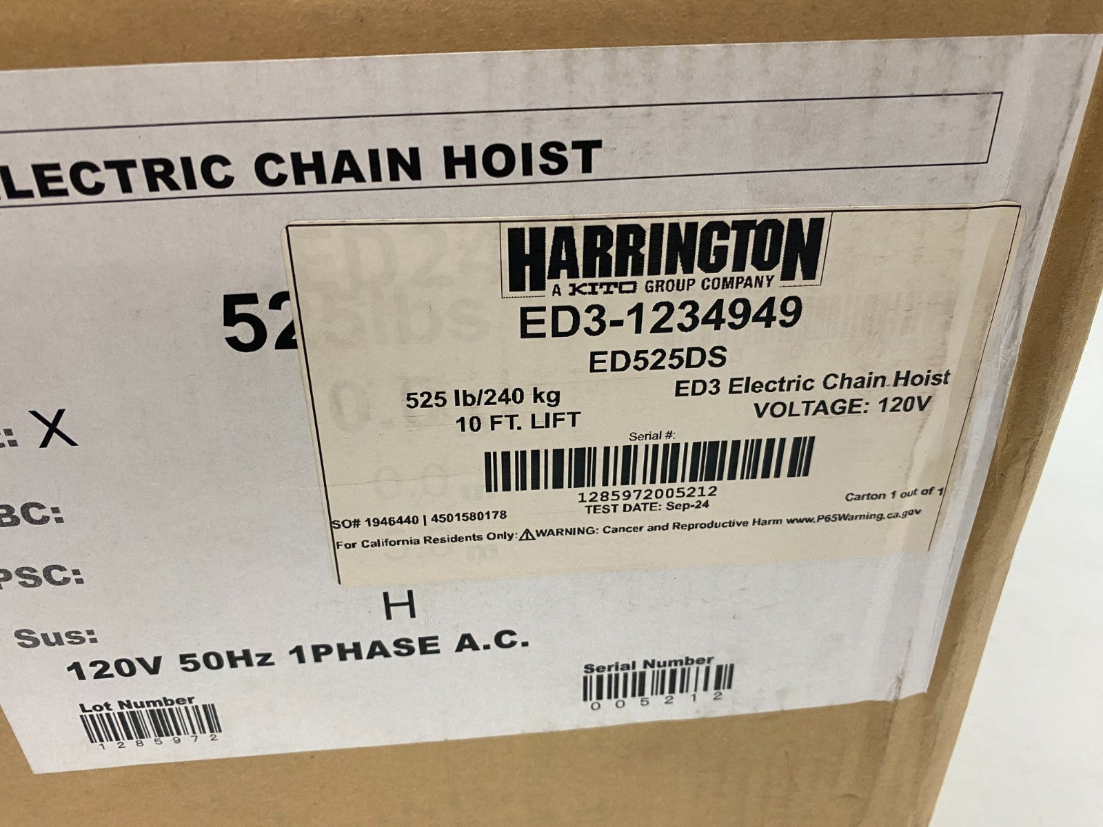KITO Harrington ED525DS-10 ED3 Electric Chain Hoist 525lbs. 10ft 120V - Maverick Industrial Sales