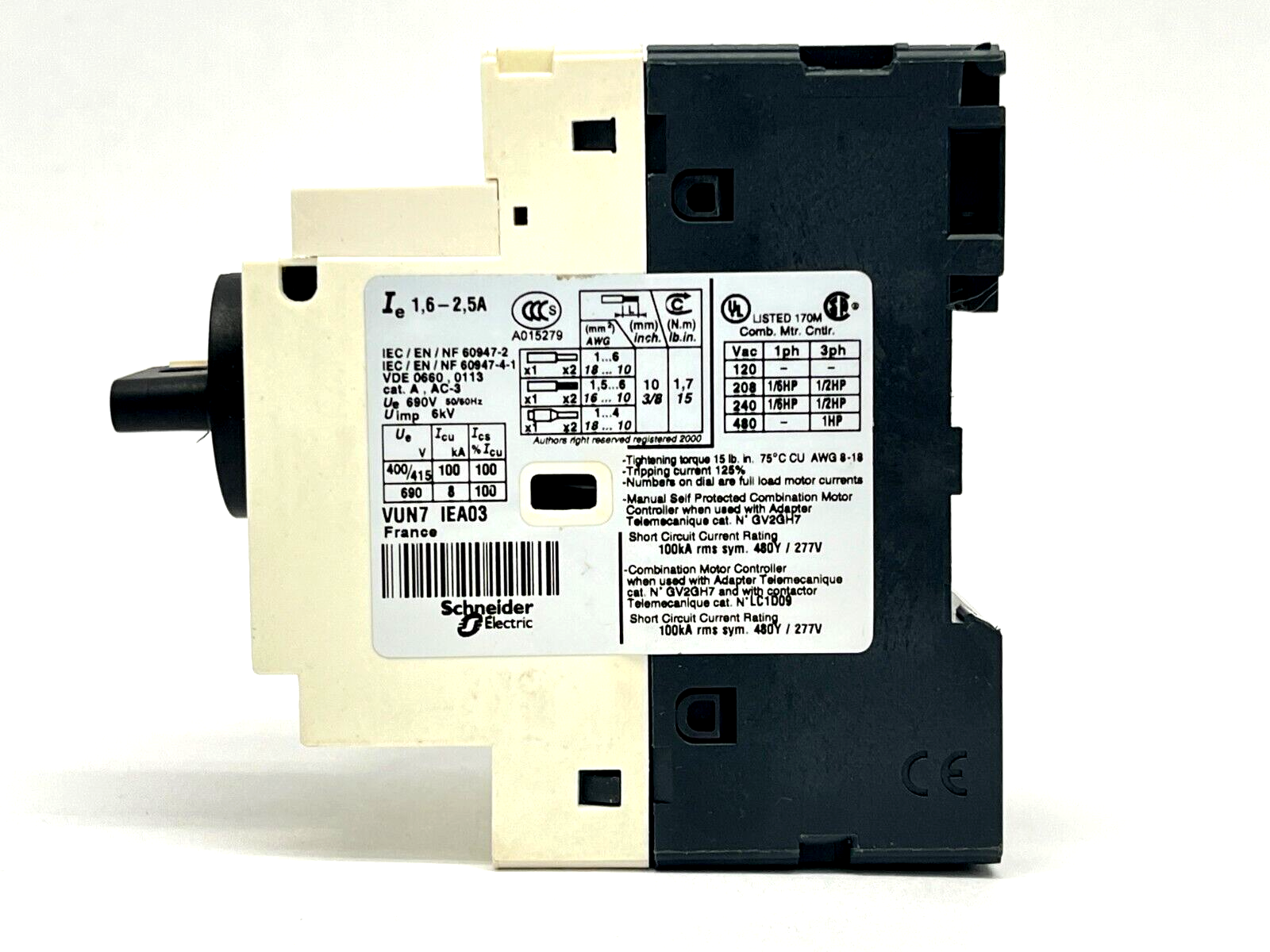 Telemecanique GV2-P07H7 Manual Starter 1.6-2.5A w/ GV2-AN11 Auxiliary Block - Maverick Industrial Sales