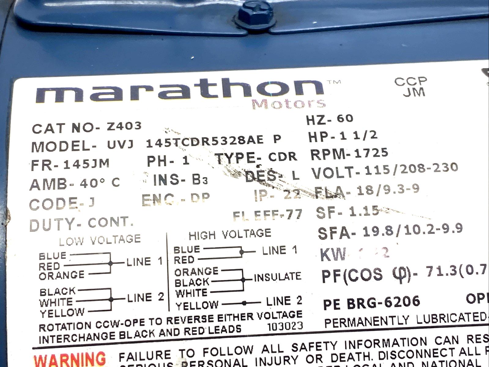 Z403 | Marathon Motor 1PH 1-1/2 HP 115/208-230V UVJ 145TCDR5328AE P, BENT FOOT - Used - Maverick Industrial Sales