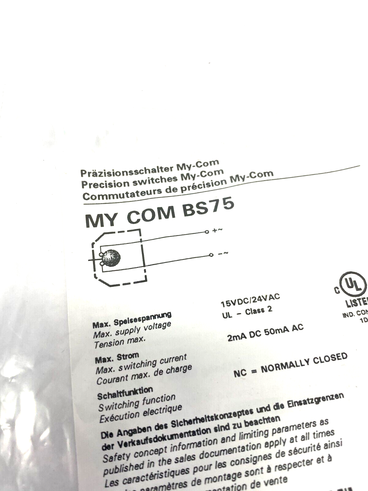 Baumer MY-COM BS75 My-Com Precision Switch Break Function NC Mechanical 10211484 - Maverick Industrial Sales