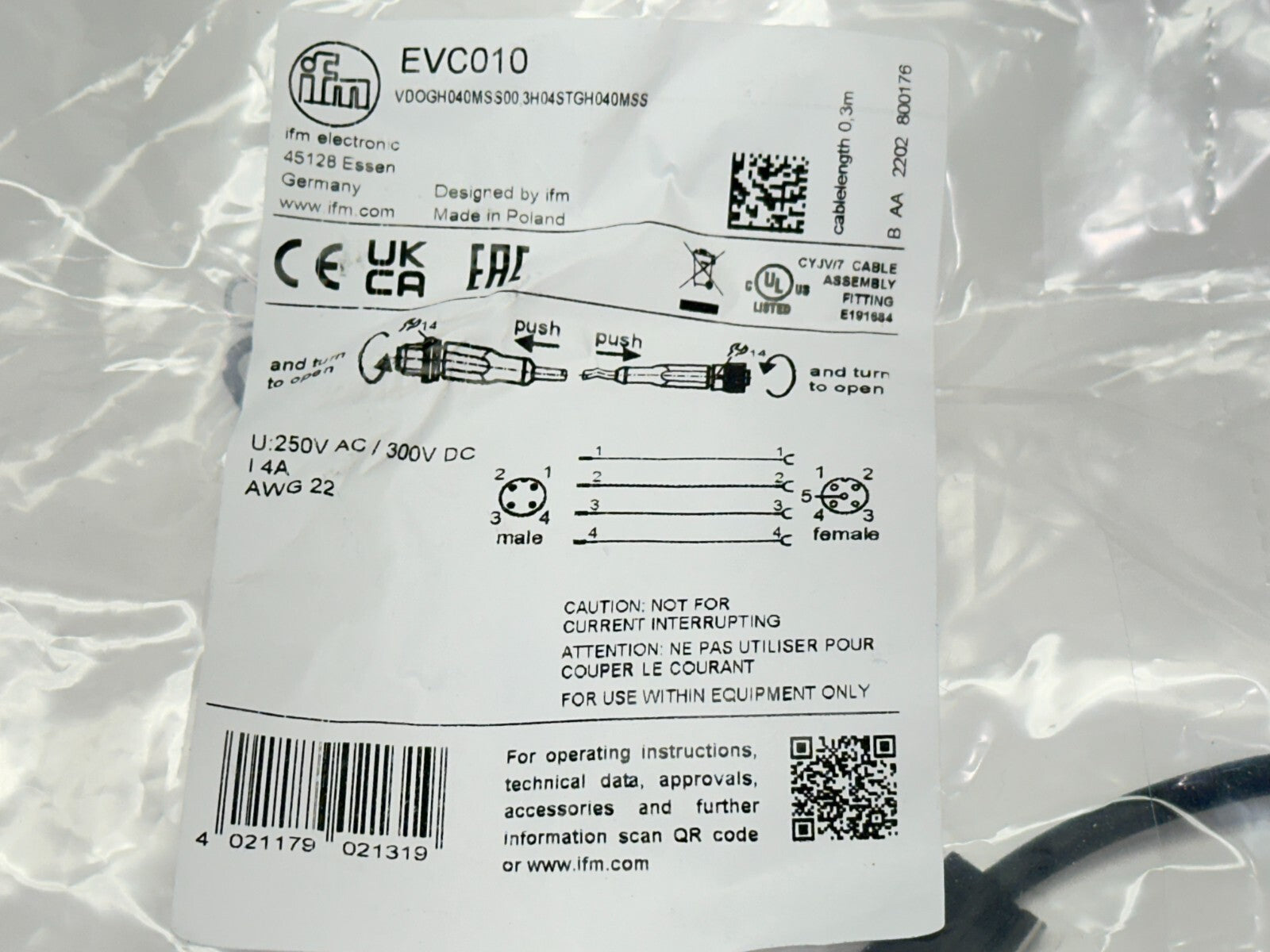 ifm EVC010 Connection Cable M/F M12 0.3m VDOGH040MSS00,3H04STGH040MSS - Maverick Industrial Sales