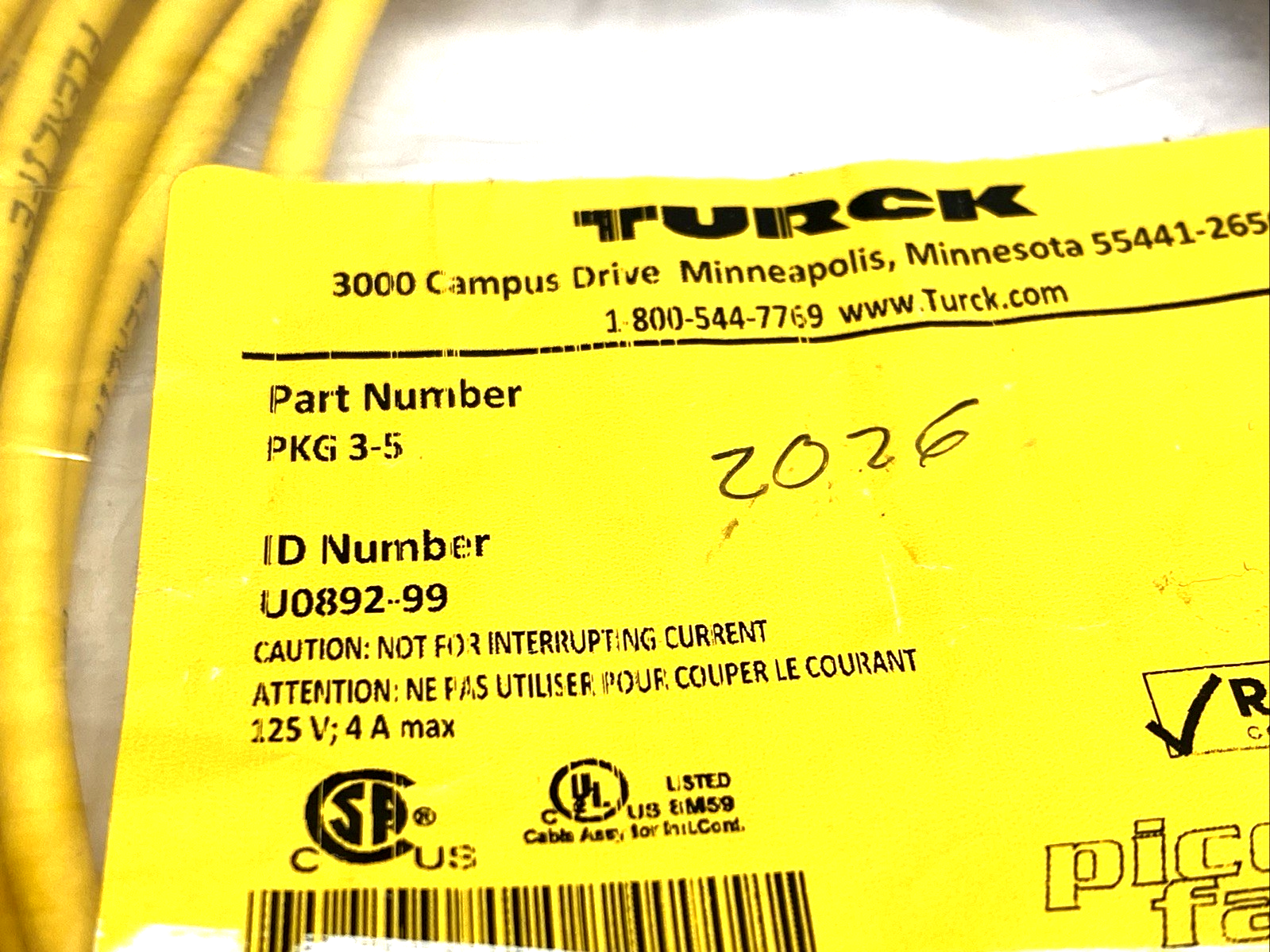 PKG 3-5 | Turck Connection Cable M8 3-Pin Female Snap, 5m, U0892-99 - New - Maverick Industrial Sales