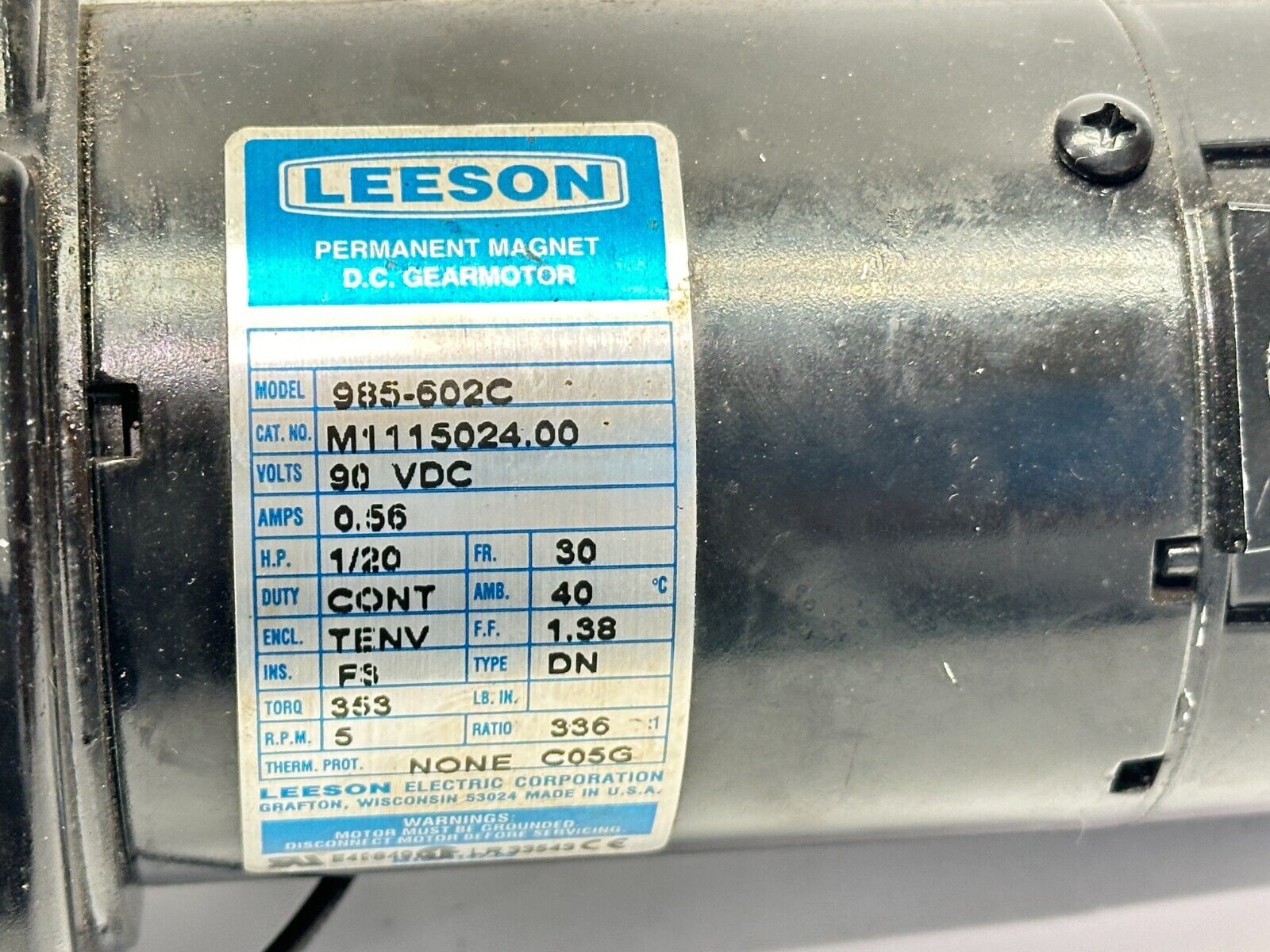 Leeson 985.602C Parallel Shaft DC Gearmotor 1/20HP 336:1 5 RPM 90VDC M1115024.00 - Maverick Industrial Sales
